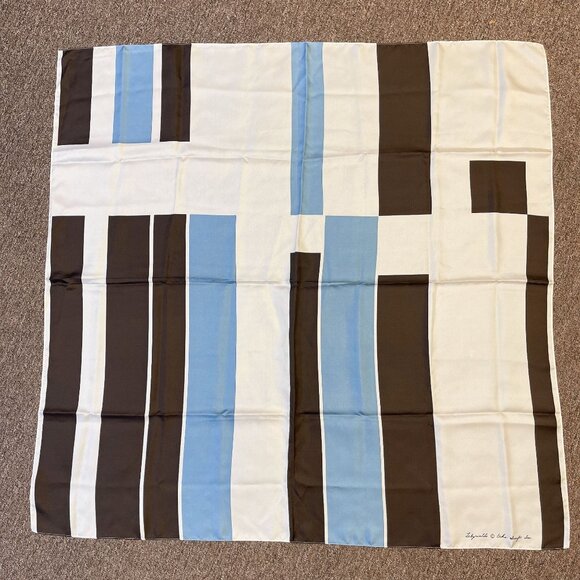 Echo Labyrinthe Geometric Print Blue Brown Silk Scarf - Picture 2 of 7